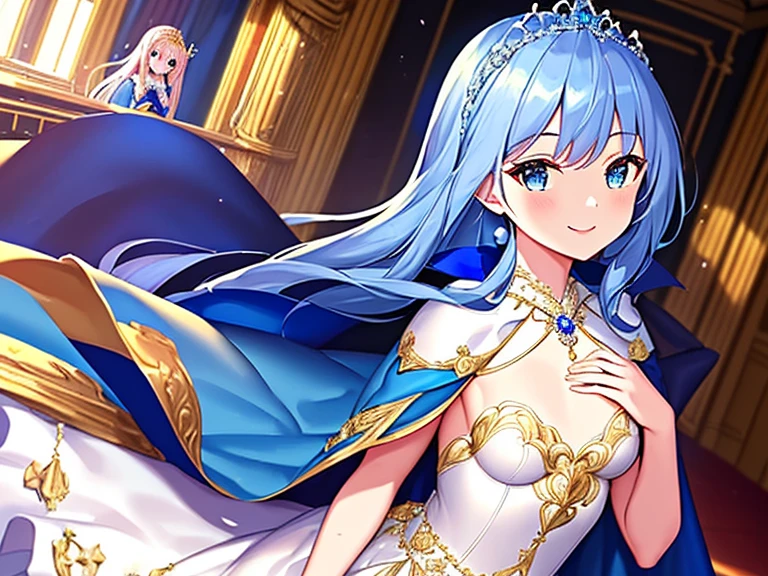 looking at viewer, upper body,(masterpiece),(best quality),(rococo style),(long train blue cape:1.15), very long cape,(long train white ball gown with flower decorations:1.1), a girl is wearing a cape over her gown, 1 little princess, tiara, smile, very long hair, small breasts