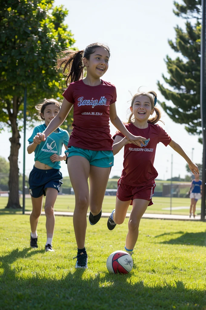 Create a highly realistic scene set in a bustling sports center in Italy. The focus is on two Italian sisters, one  and the other 8 years old, s by a group of younger children. They are all dressed in colorful T-shirts and shorts, reflecting their energetic and joyful mood.

 The 13-year-old teenager andnfidey in the center. She has shoulder length brown hair tied in a ponytail and is wearing a bright red t-shirt tied under her small breasts showing her midriff and blue shorts. Her face is lit up with a warm smile as she interacts with the children around her, radiating a sense of enthusiasm and camaraderie.
 Next to her is her 8-year-old sister, who looks a like holder sister but is shorter and has a smaller build. She has long wavy brown hair tied with a ribbon and is wearing a matching red t-shirt and blue shorts. Her expression mirrors her older sister's joy and excitement as she interacts with the other children.
 Surrounding them are children aged between 5 and 10, each wearing T-shirts and shorts  various bright colors such as yellow, green, blue and orange. Their expressions are full of happiness and excitement as they interact with each other and the two sisters. Some children hold sports equipment such as soccer balls and skipping ropes, indicating their availability for fun activities.

In the background is the lively setting of the sports center: an open field with freshly cut grass, a running track and various sports facilities such as basketball courts and a football field. Some trees and benches are scattered here and there, offering places of shade and rest. The sky is clear and blue, with the sun shining brightly, casting a warm light over the entire scene.

This scene captures the energetic and playful atmosphere of the sports centre, with the 13- and 8-year-old sisters at the centeof the joygroupreating a sense of unity and fun among the children. The vibrant colors of their outfits and lively intera