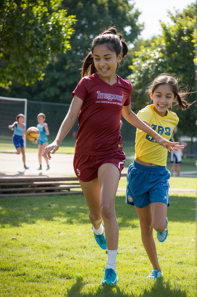 Create a highly realistic scene set in a bustling sports center in Italy. The focus is on two Italian sisters, one and the other 8 years old, by a group of younger children. They are all dressed in colorful T-shirts and shorts, reflecting their energetic and joyful mood.
The 13-year-old teenager stands confide in the center. She has shoulder length brown hair tied in a ponytail and is wearing a bright red t-shirt tied under her small breasts showing her midriff and blue shorts. Her face is lit up with a warm smile as she interacts with the children around her, radiating a sense of enthusiasm and camaraderie.
Next to her is her 8-year-old sister, who looks a lot like her older sister but is shorter and has a smaller build. She has long wavy brown hair tied with a ribbon and is wearing a matching red t-shirt and blue shorts. Her expression mirrors her older sister's joy and excitement as she interacts with the other children.
Surrounding them are children aged between 5 and 10, each wearing T-shirts and shorts in various bright colors such as yellow, green, blue and orange. Their expressions are full of happiness and excitement as they interact with each other and the two sisters. Some children hold sports equipment such as soccer balls and skipping ropes, indicating their availability for fun activities.
In the background is the lively setting of the sports center: an open field with freshly cut grass, a running track and various sports facilities such as basketball courts and a football field. Some trees and benches are scattered here and there, offering places of shade and rest. The sky is clear and blue, with the sun shining brightly, casting a warm light over the entire scene.
This scene captures the energetic and playful atmosphere of the sports centre, with the 13- and 8-year-old sisters at the center of the joyful group, creating a sense of unity and fun among the children. The vibrant colors of their outfits and lively intera