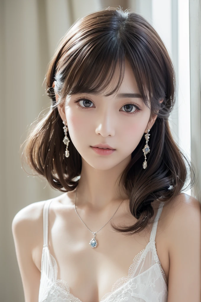 white lace thong bra, (((とてもエレガントでbeautiful, Perfect detail, Very detailed))), whole body, The most detailed girl, Written boundary depth, 美しくdetailedなwhole body, Thin legs, 1 Girl, 30 years old, Very short hair, Spiked Hair, Gray and silver hair, beautiful detailed hair, Perfect Face, Expressionless, beautiful, detailed, Deep Eyes, Open your mouth a little, Delicate arms and hands, Pale skin, Earrings, beautiful and gorgeous necklace, Colorful background, HD background, Blurred Background, とても繊細でbeautiful, masterpiece, (((Highest quality, とてもbeautiful8K CG壁紙))), (((Trendy hairstyles))), (Inside the room,Stylish interior,window),