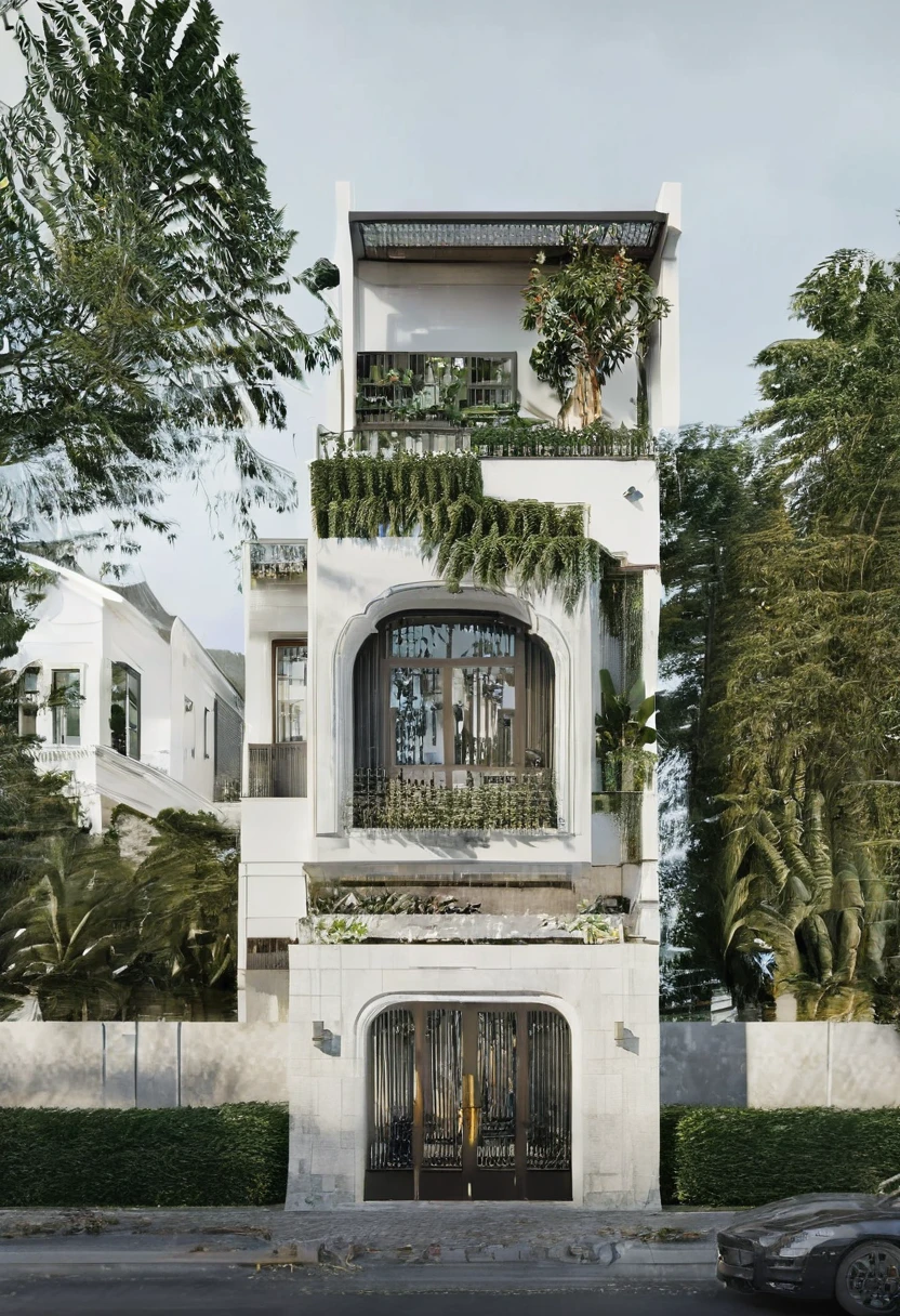 Render a 8-meter-wide, 2-story Indochine-style small townhouse situated in an urban setting. The townhouse features an elegant white facade with traditional Indochine architectural elements, including arched windows, wooden shutters, and decorative railings. The roof is designed with a two-sided slope running from front to back, similar to the style of houses in Hoi An. The exterior walls are adorned with subtle, ornate details that reflect the Indochine style. Incorporate artistic wooden louver panels on the exterior for added visual interest and architectural depth. The ground floor includes a welcoming entrance with classic wooden furniture and traditional lanterns. The street is lined with cobblestone pavement, tropical plants, and urban elements such as street lamps and parked bicycles, creating a harmonious blend of traditional and urban aesthetics. 8k resolution, UHD, high-quality detail, Indochine style, 5-meter-wide facade, 3-story, white exterior, arched windows, wooden shutters, decorative railings, two-sided sloping roof, Hoi An style, classic wooden furniture, traditional lanterns, ornate details, artistic wooden louver panels, urban setting, street view, cobblestone pavement, tropical plants, street lamps, parked bicycles, harmonious blend of traditional and urban aesthetics.