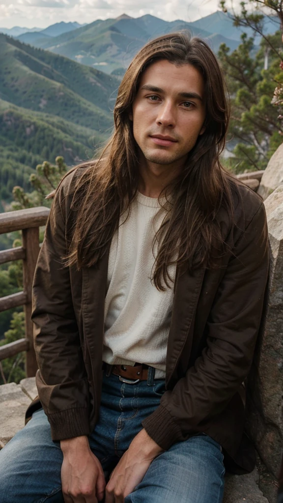 Handsome man with long brown hair sitting on the mountain, looking away