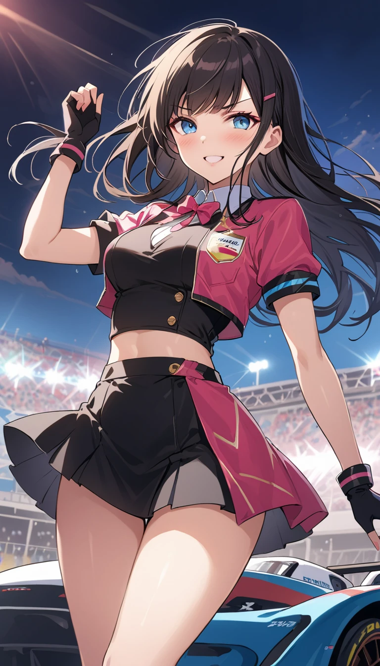 Ultra-high resolution, 1 Girl, 18-year-old, (Idol:1.4), (Famous actress :1.4), (Beautifully detailed face:1), bangs, (Multicolored floating hair), Dentate-like changes in the skin, light makeup, (Medium size bust:1.3), (Glowing Skin:1.1), Shiny skin, Long limbs, slim, Tight waist, Medium Hips, Thin legs, slim太もも, Dynamic Lighting,  suggestive face, Shiny texture, lipstick, V-shaped eyebrows, V-line chin, View your viewers, (長いBlack Hair:1.3), (Perfect Face:1.4), ((Strong winds)), Flowing Hair, audience, (A shy smile:1.3), blue sky, (((Monte Carlo Street Circuit))), (((Racing Car))), (((Racing Bike))), ((Promotional Girl:1.3)), ((Grid Girls:1)), Pink Lip, light makeup, (The promotional costumes, which are carefully crafted down to the last detail,:1.10), Lace-up boots, Short sleeve, Cropped tops, (((Wearing a short jacket with logo:1.3))), (Tube top bra:1), Knee-length, (((たくさんのロゴが入ったナイロンShort sleeveジャケット))), (Logo glitter long nylon pleated skirt), Small Ass, ((Potional wear with logo:1.3)), (((Shiny black and metallic red glitter promotional wear))), Fingerless gloves, Black Hair, Brown Hair, Redhead, blue eyes, (Drops of sweat:1), (Movement angle), walking, audience,