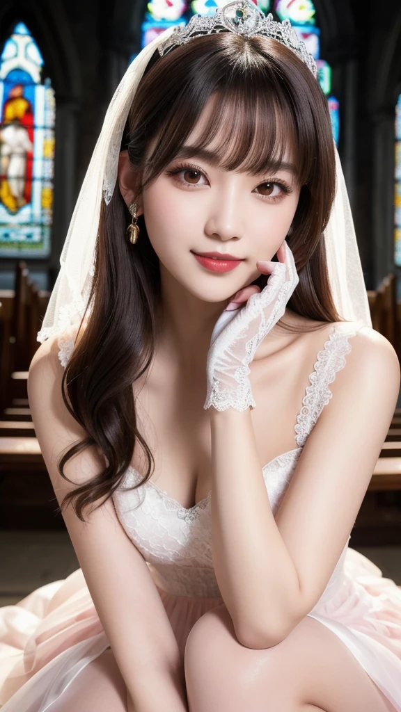 (8k, Photorealistic, Raw photo, Highest quality: 1.4),Japanese idol-style beautiful girl,model,1 person,18-year-old,(Short Bob),(Black Hair),tiara,She has her hair tucked behind her ears,Clear grey eyes,(Long eyelashes),(eye shadow(Pale pink)),(Eyeliner),(eyeliner),(piercings(small)),cheek(Beige brown color),(Lip gloss(Deep vermilion)),lips(Plump,glossy),Translucent white and finely textured skin,thin long neck,Thin and delicate shoulders,(Lace gloves(White)),(Wedding Bouquet),(Wedding dress((Silk Fabric),(Frills),(Lace embroidery),(Plumpしたロングスカート :1.2))),(layer),(Fishnet tights(White)),(High heels(White)),(Background of a Gothic-style stone church with stained glass windows),Smiling at the camera,Full body portrait