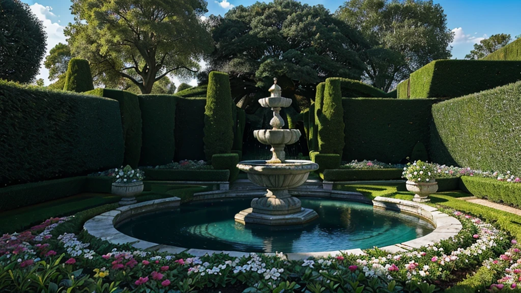 (high resolution)(masterpiece) Fresco, Heavenly Garden, A scene depicting a beautiful garden, Beautiful Renaissance architecture, water feature, Well-kept flower beds and neatly trimmed hedges look out over the blue sky. Nature is everywhere, and、The light is clear and crisp, 8k.Versailles、Open Garden