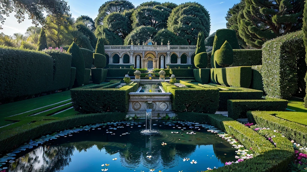 (high resolution)(masterpiece) Fresco, Heavenly Garden, A scene depicting a beautiful garden, Beautiful Renaissance architecture, water feature, Well-kept flower beds and neatly trimmed hedges look out over the blue sky. Nature is everywhere, and、The light is clear and crisp, 8k.Versailles、Open Garden