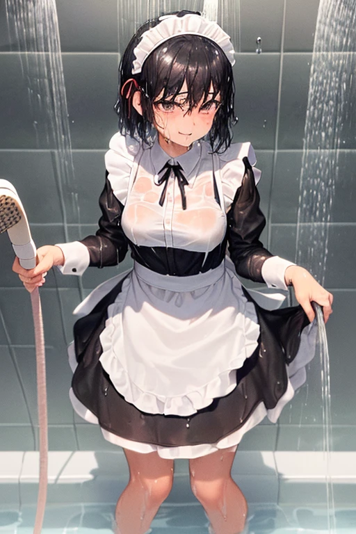 (Super best quality:1.6), (Highest quality:1.4), (Attention to detail:1.4), (Ultra-high resolution:1.6), (Detailed face), (Detailed eyes), Sparkling eyes, Bright Face, Looks fun, cute, The best smile, Small breasts, Best Anatomy, (Maid clothes, White apron, Headband, Black Dress, ribbon, Maid clothes, Classic, Long:1.4), (白と黒のMaid clothes), (Bathing fully clothed:1.6), (Soaked from head to toe:1.6), 全身showerを浴びてるメイド, (Soaked from head to toe), (shower:1.6), Bathroom, Are standing, (衣服からWater Drop:1.6), (Water Drop:1.4),