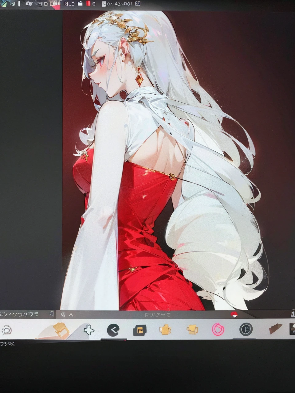 Add in roses to her dress, a good back dress design with some golden jewelry, make her dress into a red and white gown with a hat, give her some unique Jewelry, and make her look somewhat of a demonic angel like appearance to her