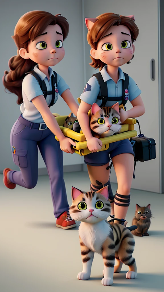 The rescue team is carrying the cat and its kitten on a stretcher, rushing them to the hospital. They look worried and in pain.
