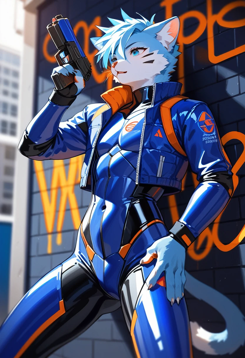 animation, Highest quality, Highest quality, High quality illustrations, masterpiece, Ultra-high resolution, Detailed Background, cyber cafe, Graffiti art on the wall, Absurd, Perfect Anatomy, performance, Good lighting, Shadows in the movies(kemono, Furry PersonifiCation), Cat, Blueskin, blue rubber suit, latex, neon, neonライト, neonカラー, Bodysuits, Cyber Suit, Mech Suit, Rubber Half Jacket, cyber punk, He has a gun