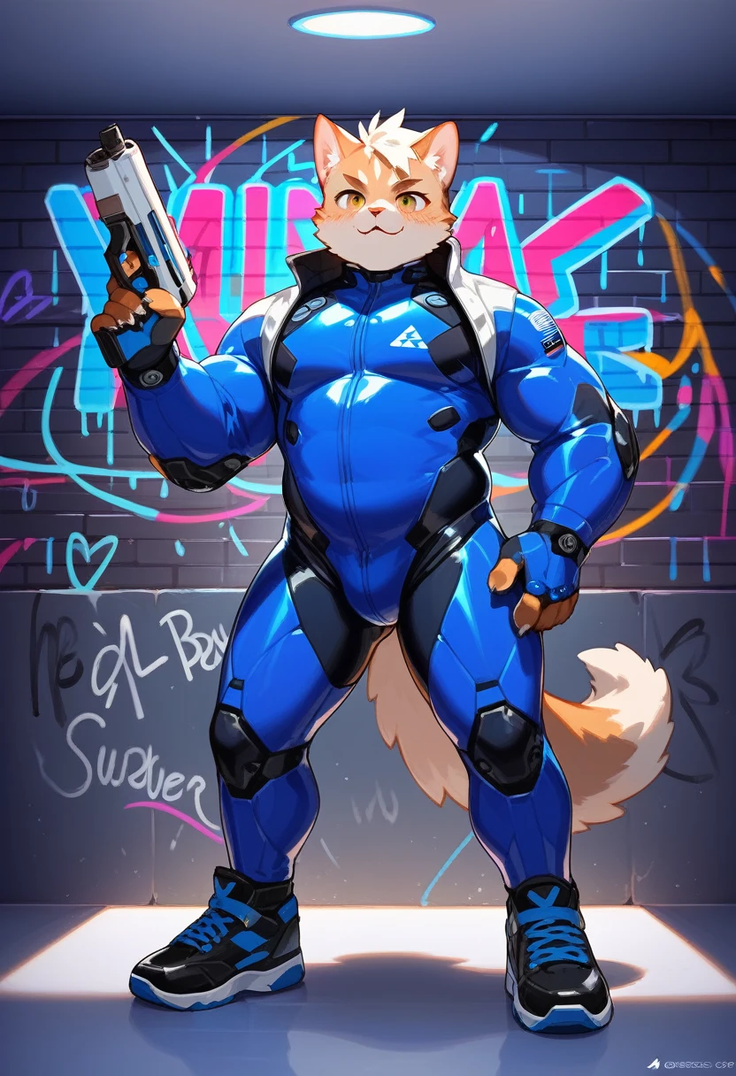 animation, Highest quality, Highest quality, High quality illustrations, masterpiece, Ultra-high resolution, Detailed Background, cyber cafe, Graffiti art on the wall, Absurd, Perfect Anatomy, performance, Good lighting, Shadows in the movies(kemono, Furry PersonifiCation), Cat, Blueskin, blue rubber suit, latex, neon, neonライト, neonカラー, Bodysuits, Cyber Suit, Mech Suit, Rubber Half Jacket, cyber punk, He has a gun