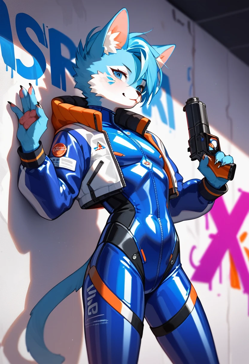 animation, Highest quality, Highest quality, High quality illustrations, masterpiece, Ultra-high resolution, Detailed Background, cyber cafe, Graffiti art on the wall, Absurd, Perfect Anatomy, performance, Good lighting, Shadows in the movies(kemono, Furry PersonifiCation), Cat, Blueskin, blue rubber suit, latex, neon, neonライト, neonカラー, Bodysuits, Cyber Suit, Mech Suit, Rubber Half Jacket, cyber punk, He has a gun