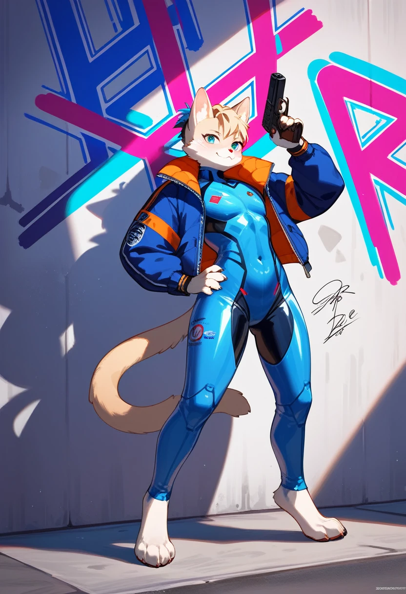 animation, Highest quality, Highest quality, High quality illustrations, masterpiece, Ultra-high resolution, Detailed Background, cyber cafe, Graffiti art on the wall, Absurd, Perfect Anatomy, performance, Good lighting, Shadows in the movies(kemono, Furry PersonifiCation), Cat, Blueskin, blue rubber suit, latex, neon, neonライト, neonカラー, Bodysuits, Cyber Suit, Mech Suit, Rubber Half Jacket, cyber punk, He has a gun