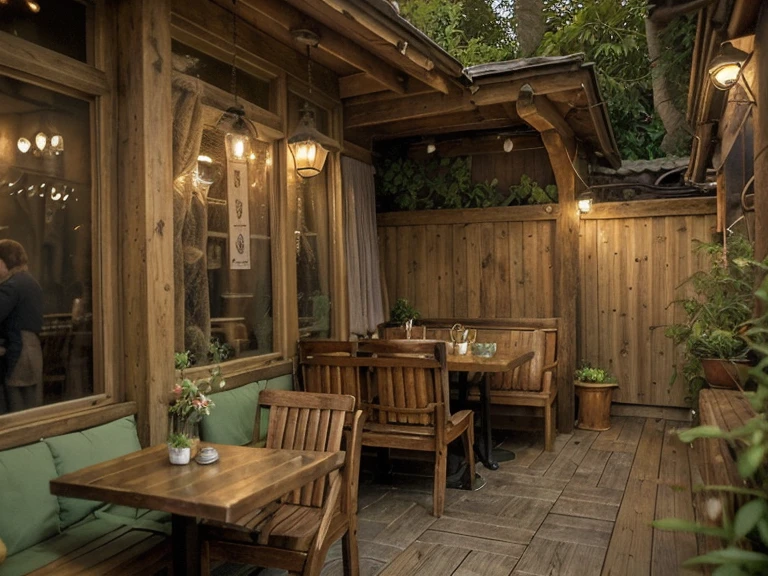 there is a wooden bench and table outside of a restaurant, pleasant cozy atmosphere, cozy and peaceful atmosphere, cafe tables, comfy ambience, nostalgic atmosphere, rustic setting, peaceful ambience, green terrace, quiet and serene atmosphere, warm and joyful atmosphere, 2 4 mm iso 8 0 0 color, cosy atmosphere, cozy atmosphere, hidden area, lush surroundings, patio