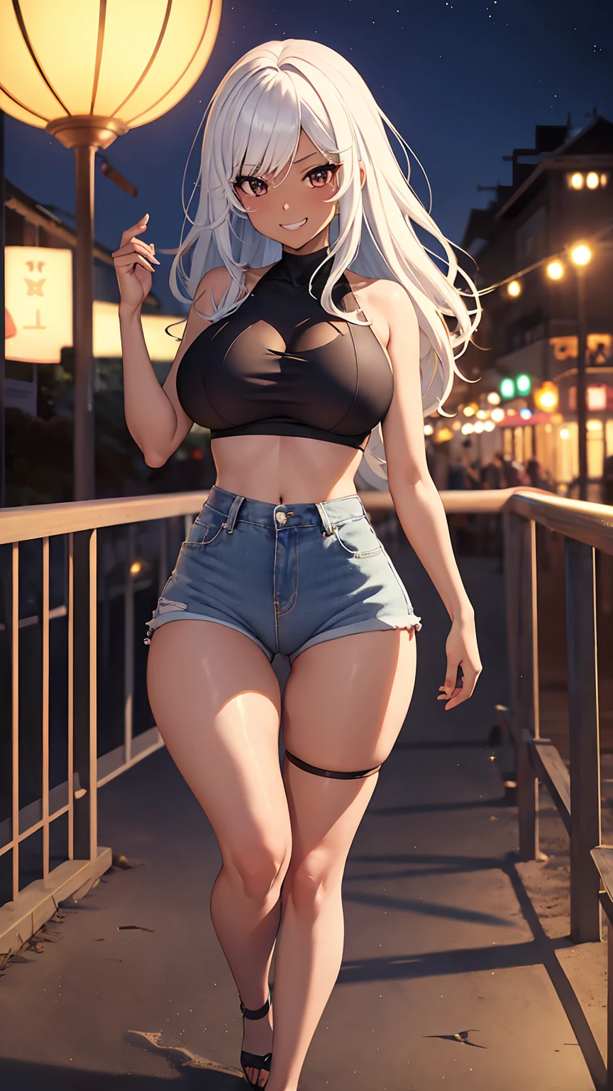 1girl, anime girl, anime, (dark skin), 2d girl, 16y, (fullbody), standing, anime girl, black eyes, seductive grin, (white hair to blue hair), shirt, Solo, Slim, large breasts, big , big Breasts, Tight Shorts, low waist shorts, upshorts, The night beach background, city lights, looking at viewer, darker shadows, (((explicit))), (((shorts))), (((absurdres))), (((thigh gap))), (((cameltoe))), (((cleft of venus))), (((lowleg shorts))),