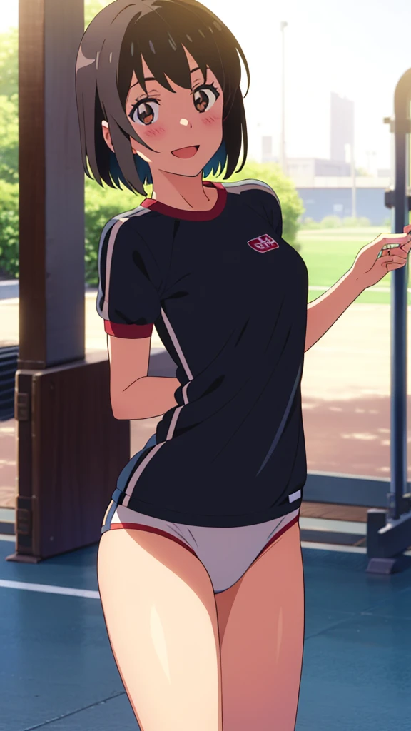 shinkai makoto, kimi no na wa., 1girl, bangs, black hair, blush, bright eyes, brown eyes, looking at the viewer, gym uniform, red buruma, short hair, solo, outdoors, shinny skin, smile, cute, open mouth, cowboy shot, (masterpiece, best quality)