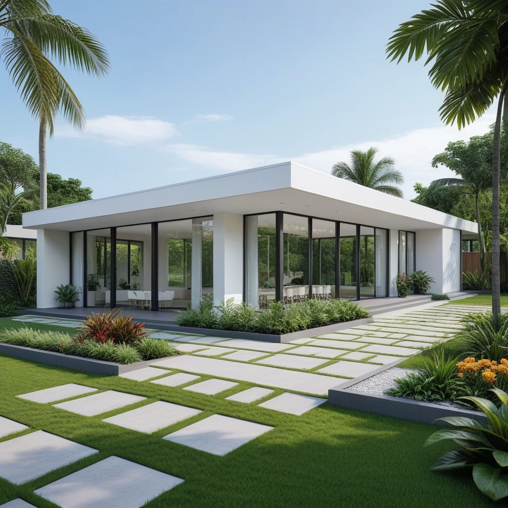 A hyper-realistic image of a modern one-story house with a minimalist design, featuring a combination of white and glass materials. The house has a flat roof, large floor-to-ceiling glass windows, and a spacious front yard. The entrance is flanked by lush greenery and well-maintained garden paths with concrete pavers and grass. The garden includes various tropical plants and trees.