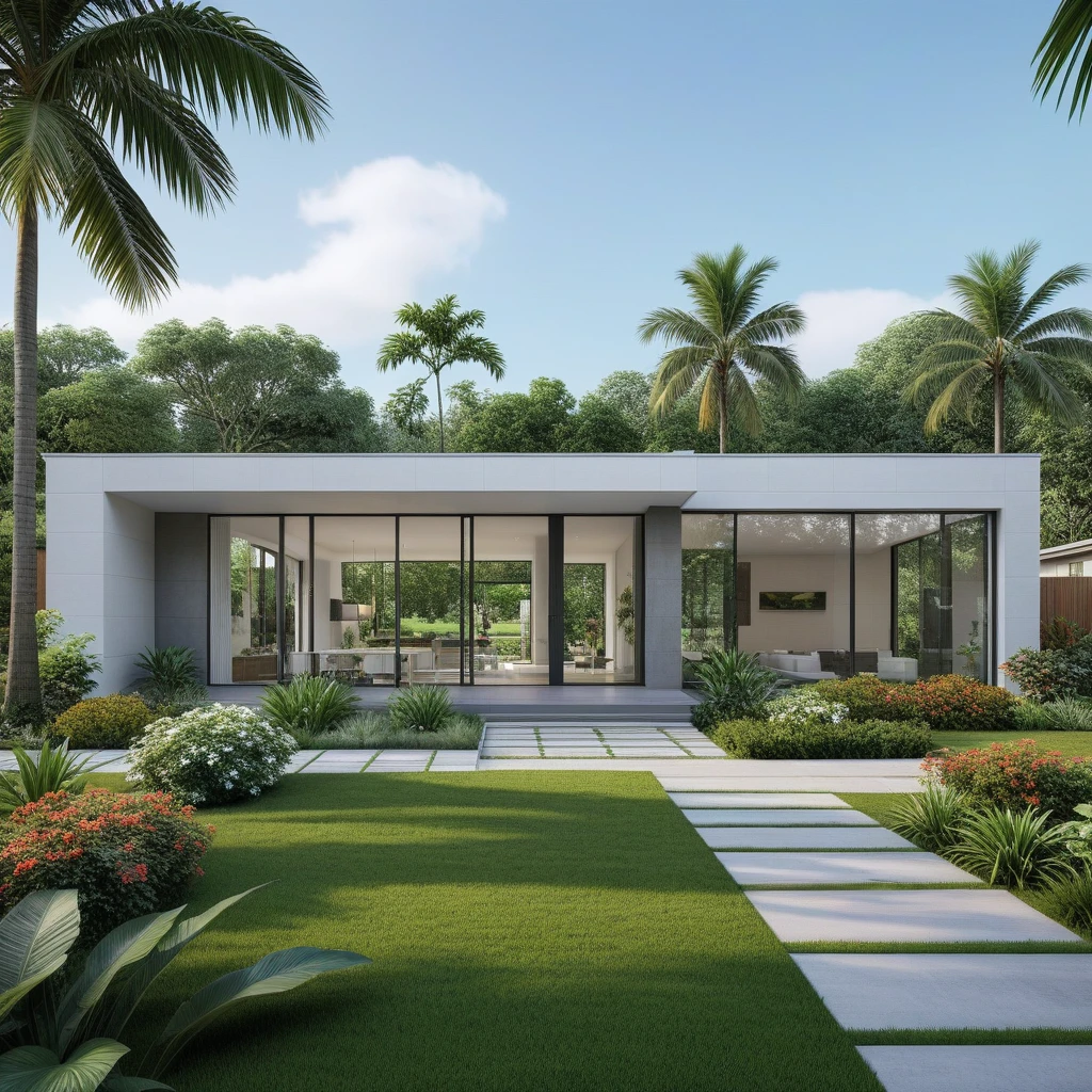 A hyper-realistic image of a modern one-story house with a minimalist design, featuring a combination of white and glass materials. The house has a flat roof, large floor-to-ceiling glass windows, and a spacious front yard. The entrance is flanked by lush greenery and well-maintained garden paths with concrete pavers and grass. The garden includes various tropical plants and trees.