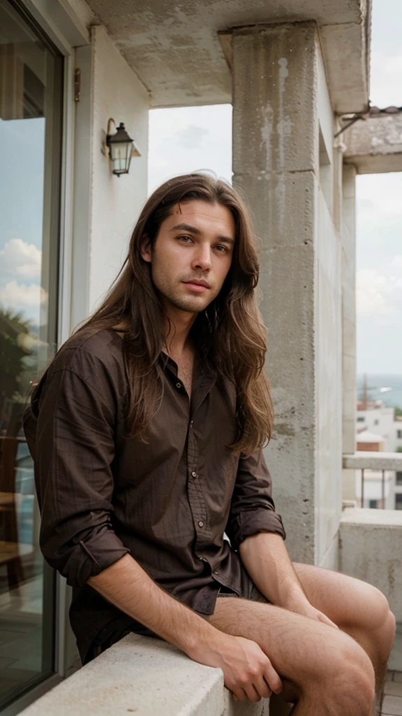 Handsome man with long brown hair sitting on the balcony, looking sideways