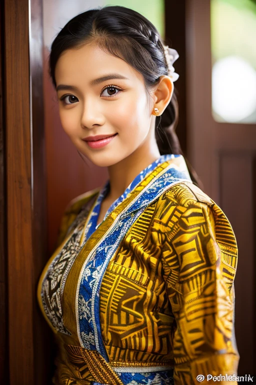 Portrait of the beautiful pretty java Indonesia young woman, wearing batik traditional dress. Pualam skintone