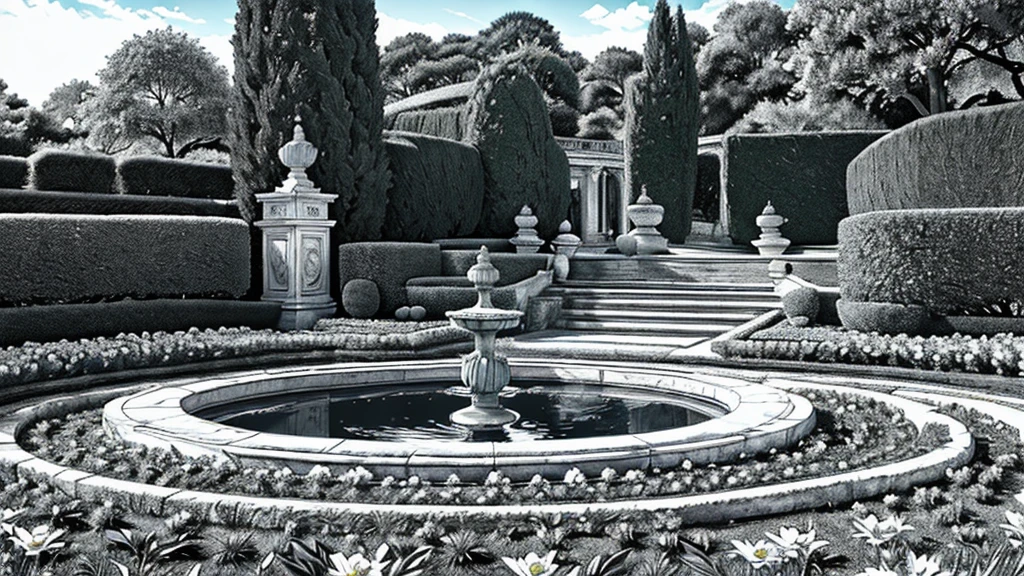 (high resolution)(masterpiece) Fresco, Heavenly Garden, A scene depicting a beautiful garden, Beautiful Renaissance architecture, water feature, Well-kept flower beds and neatly trimmed hedges look out over the blue sky. Nature is everywhere, and、The light is clear and crisp, 8k.Versailles、Open Garden、Manga line art