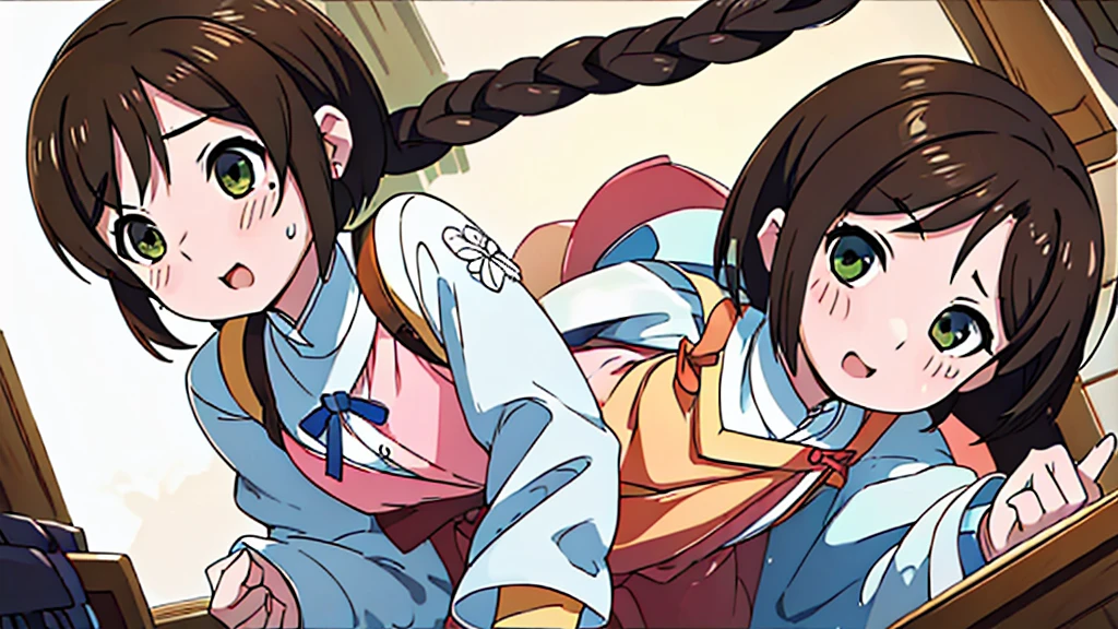 Highest quality、High resolution、Detailed Background、(Beautiful face in every detail:1.4)、Anatomically correct、(Detailed facial expressions)、(fine grain:1.2)、8--old uty、cuteカラーの髪色、Braided Ponytail、Braided bob cut、Braided twin tails、(Flat Chest)、Perfect body line、Thick thighs、Please show me your whole body、 Laughing with your mouth open、My whole body is wet、My hair is wet too、Fun atmosphere、cute仕草、cute