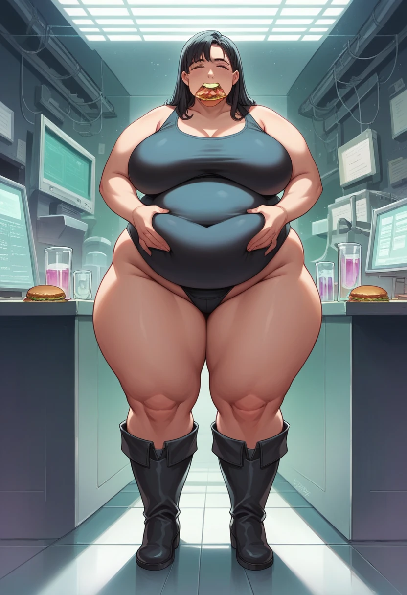 1girl, superhero, long black hair, black leotard, black bare legs, black boots, solo focus, belt in belly, hands on belly, full body shot, mature lady, laboratory, sittings, eating hamburgers, hamburguers,, girl fat, obese body, bigger belly, bigger ass, bigger breast, large thighs, wide hips, sexy, stockings, laboratory, sittings, eating hamburgers, hamburguers, (Masterpiece:1.2), best quality, high resolution, beautifully detailed, extremely detailed, perfect lighting,