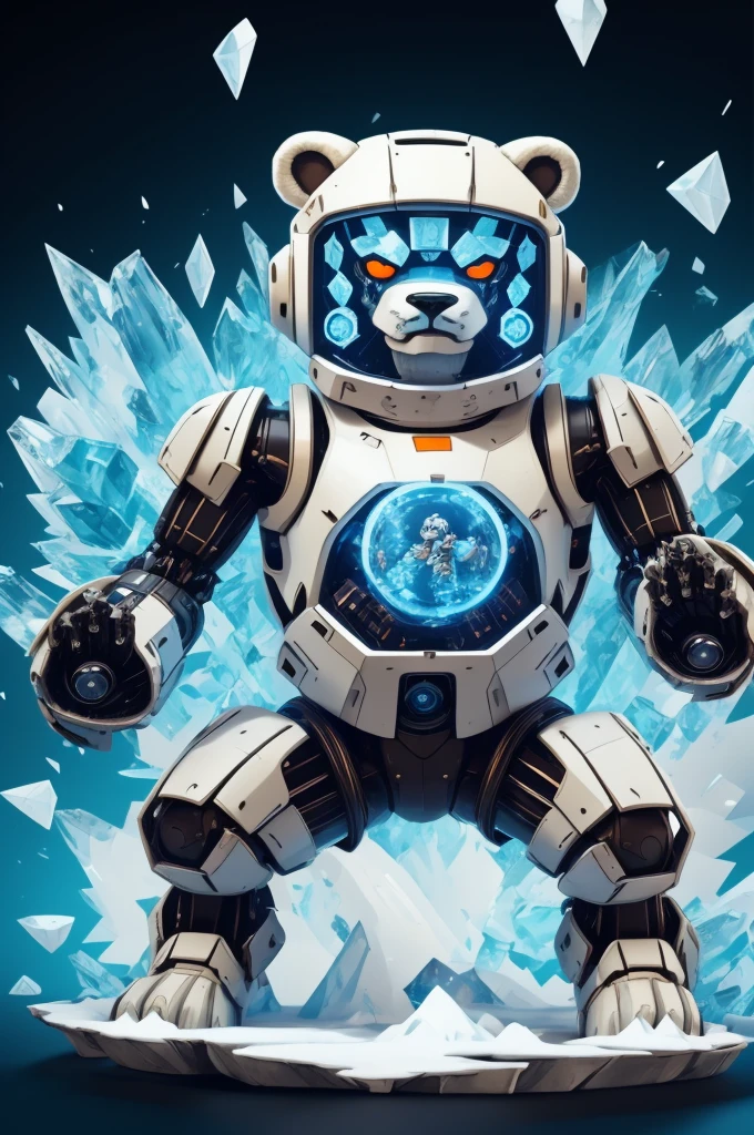 Polar bear dressed as a mecha robot, chibi, fighting kungfu stand, ice frozen elemental, background iceberg, stunning style.