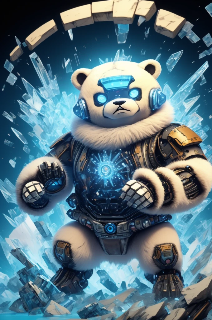 Polar bear dressed as a mecha robot, chibi, fighting kungfu stand, ice frozen elemental, background iceberg, stunning style.