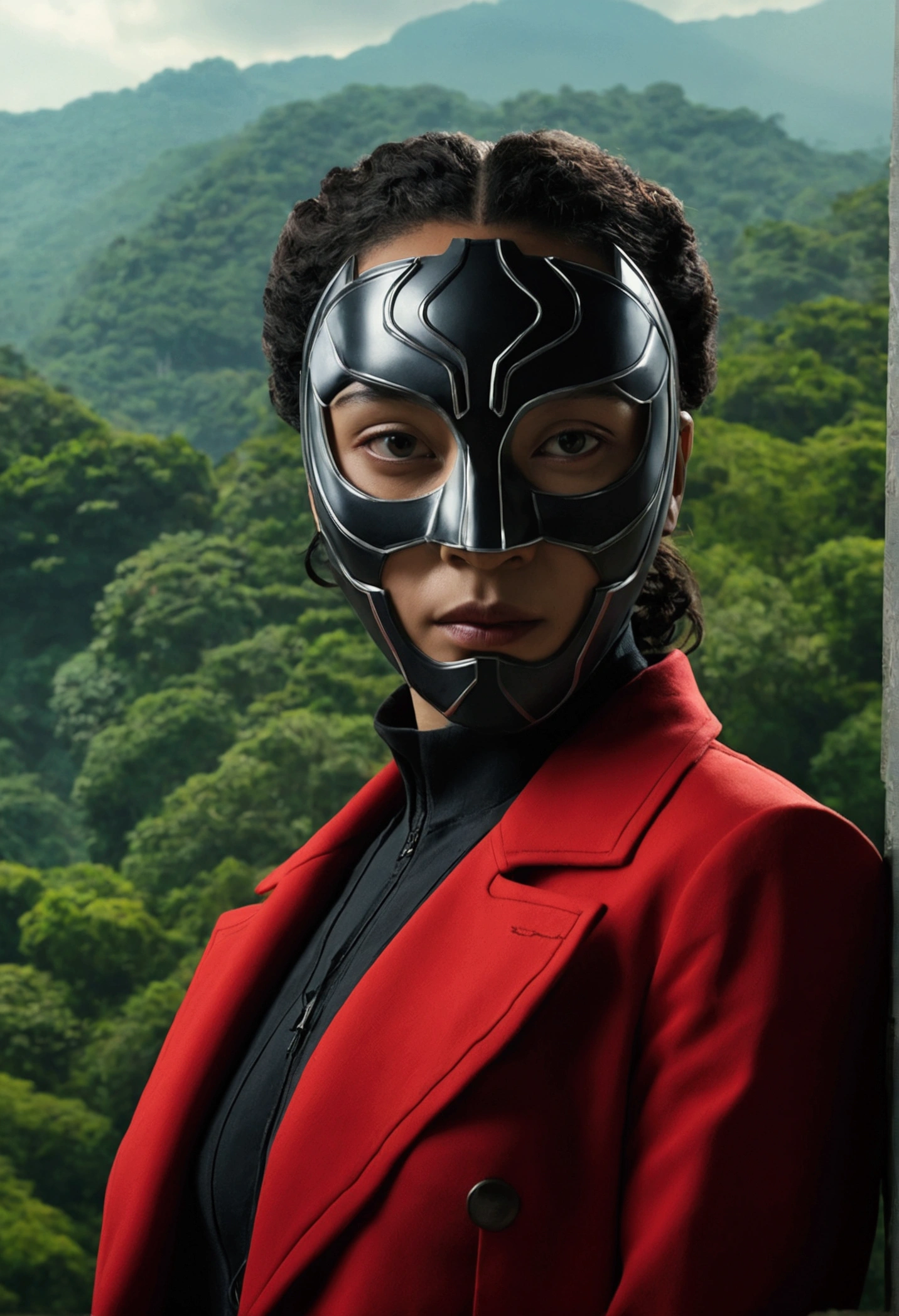 ((highest quality)), ((masterpiece)), (be familiar with), perfect face(highest quality)、8K、Precise、Money heist masked woman, side lighting, best shadow, special effects, Dense jungle in the background、kingdom of wakanda