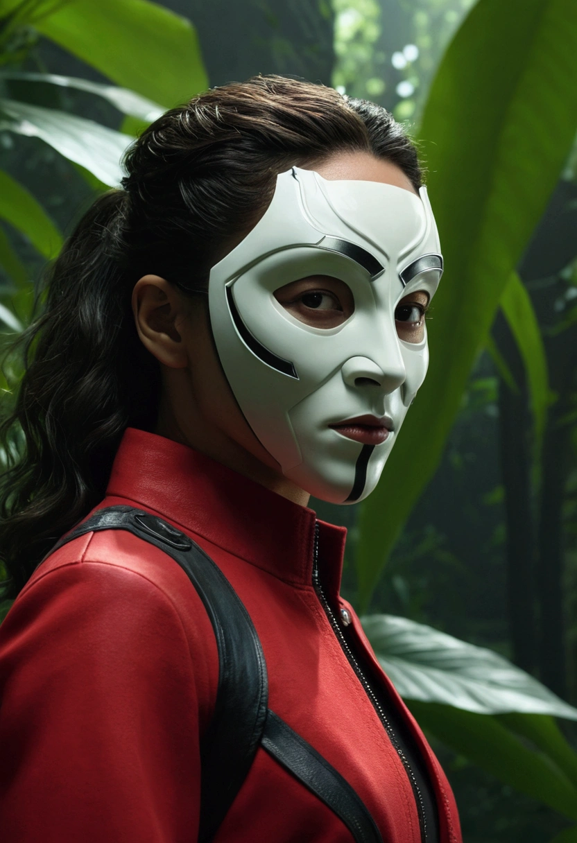 ((highest quality)), ((masterpiece)), (be familiar with), perfect face(highest quality)、8K、Precise、Money heist masked woman, side lighting, best shadow, special effects, Dense jungle in the background、kingdom of wakanda