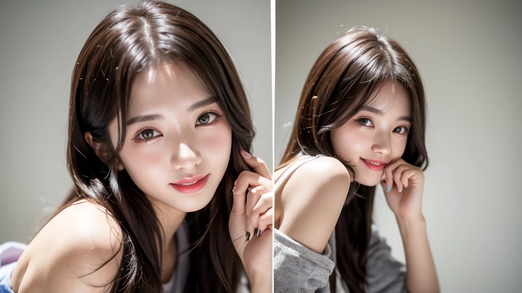 Singing a rap and striking a pose、A cute smiling 20-year-old girl、Medium Hair,Natural color lip, Blur the background、Physiologically correct body
