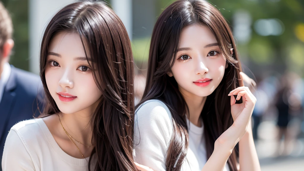 Singing a rap and striking a pose、A cute smiling 20-year-old girl、Medium Hair,Natural color lip, Blur the background、Physiologically correct body