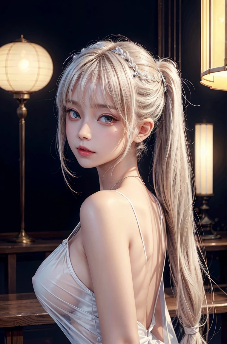masterpiece, 1 beautiful girl, Delicate eyes, Purebred face_v1, Top quality, Ultra high resolution, (Reality: 1.4), Japanese, Korean, very beautiful, Beautiful skin, slim, (超Reality), (high resolution), (8K), (Very detailed), Delicate face, Bright Lights, Professional lighting, Looking at the audience, Face straight ahead, White backless see-through dress,big , 46 points side bangs，hair accessories，pigtail