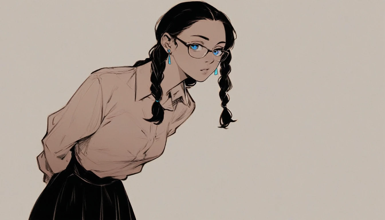 masterpiece,best quality,4K,8K,age,monochrome, crosshatching shading, manga art, 1girl,solo,arm behind back,arms at sides,looking at viewer, standing,dark hair, braids,earrings,blue eyes,glasses, collared shirt,long sleeves,black skirt, simple background, upper body,