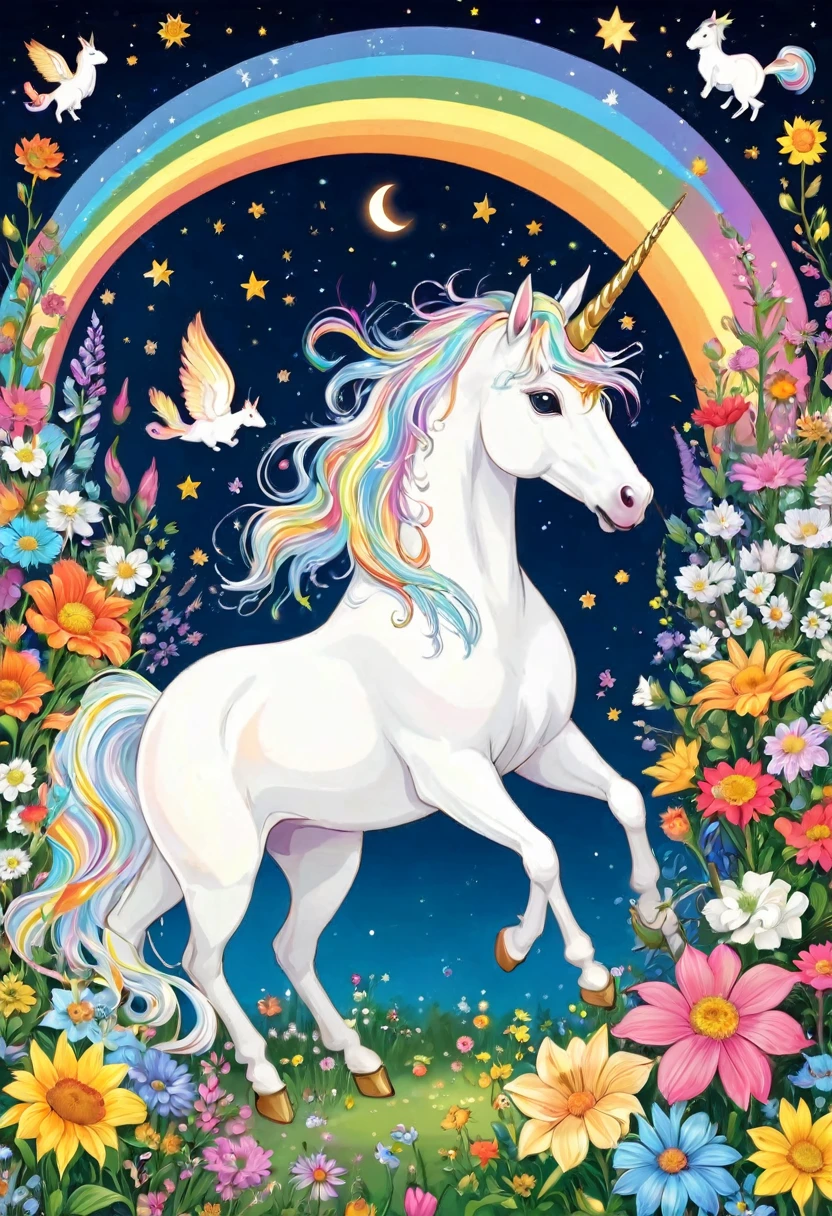 A white unicorn loved by small animals, squirrels, birds, dwarfs, rainbow-colored lights, a garden of pastel flowers, the integration of the sun and moon, astrology, and the world of stars.