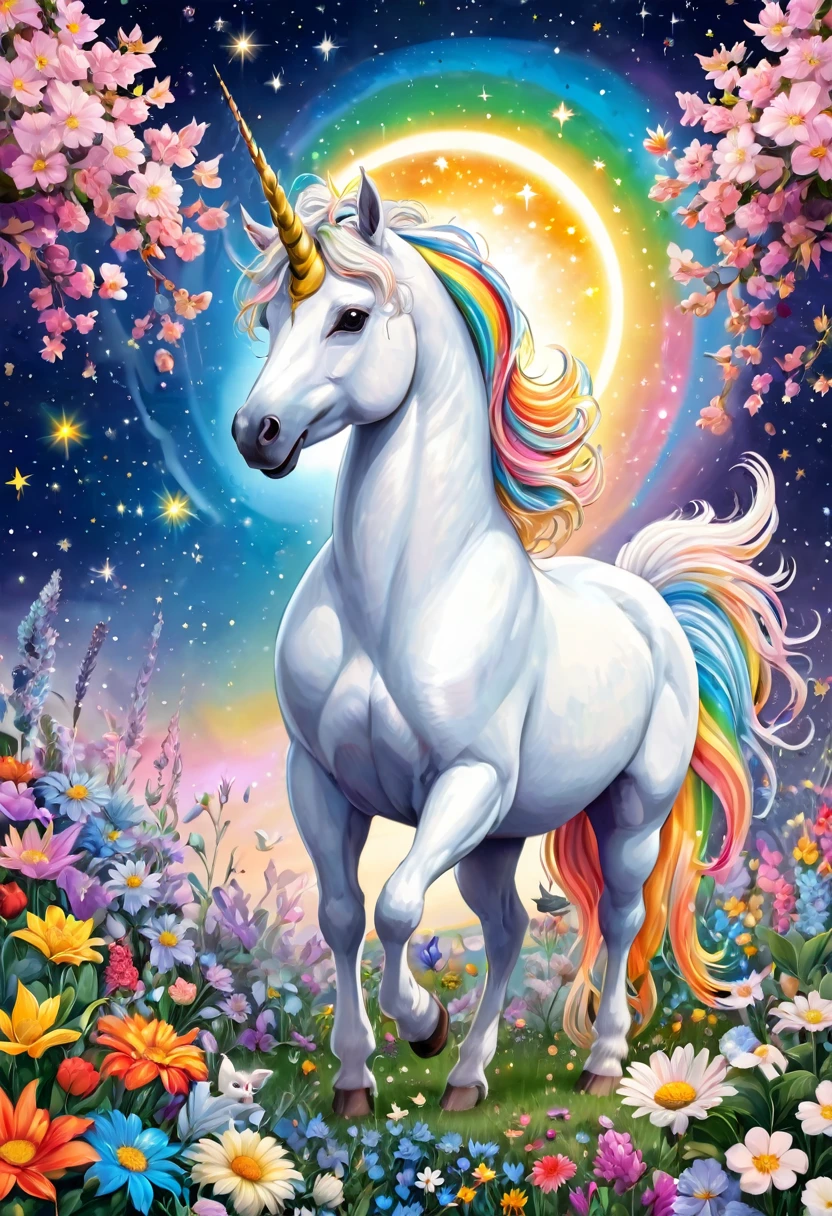 A white unicorn loved by small animals, squirrels, birds, dwarfs, rainbow-colored lights, a garden of pastel flowers, the integration of the sun and moon, astrology, and the world of stars.