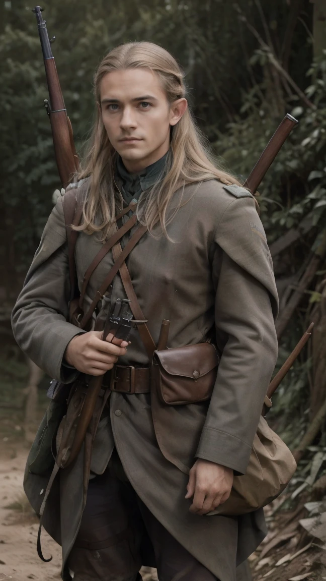 (masterpiece), best quality, expressive eyes, perfect face, All quiet on western Front, man, trenches, dirty, Legolas, elven , uniform, realistic, HD, Rifle, Orlando Bloom, big bag, French army, regiment, France, aiming position, pov, Far view, shot, shooting, fighting, Unova, elf, fusil