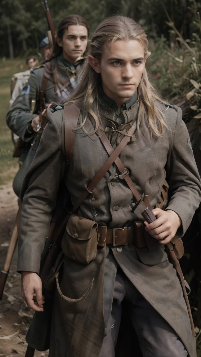 (masterpiece), best quality, expressive eyes, perfect face, All quiet on western Front, man, trenches, dirty, Legolas, elven , uniform, realistic, HD, Rifle, Orlando Bloom, big bag, French army, regiment, France, aiming position, pov, Far view, shot, shooting, fighting, Unova, elf, fusil