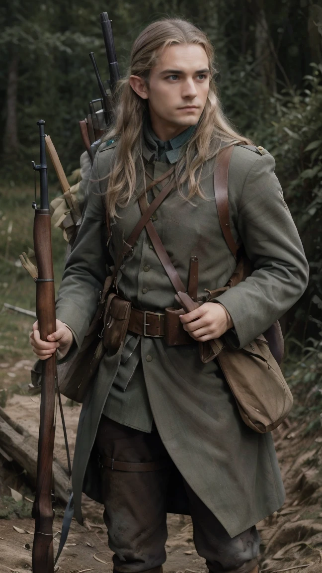 (masterpiece), best quality, expressive eyes, perfect face, All quiet on western Front, man, trenches, dirty, Legolas, elven , uniform, realistic, HD, Rifle, Orlando Bloom, big bag, French army, regiment, France, aiming position, pov, Far view, shot, shooting, fighting, Unova, elf, fusil