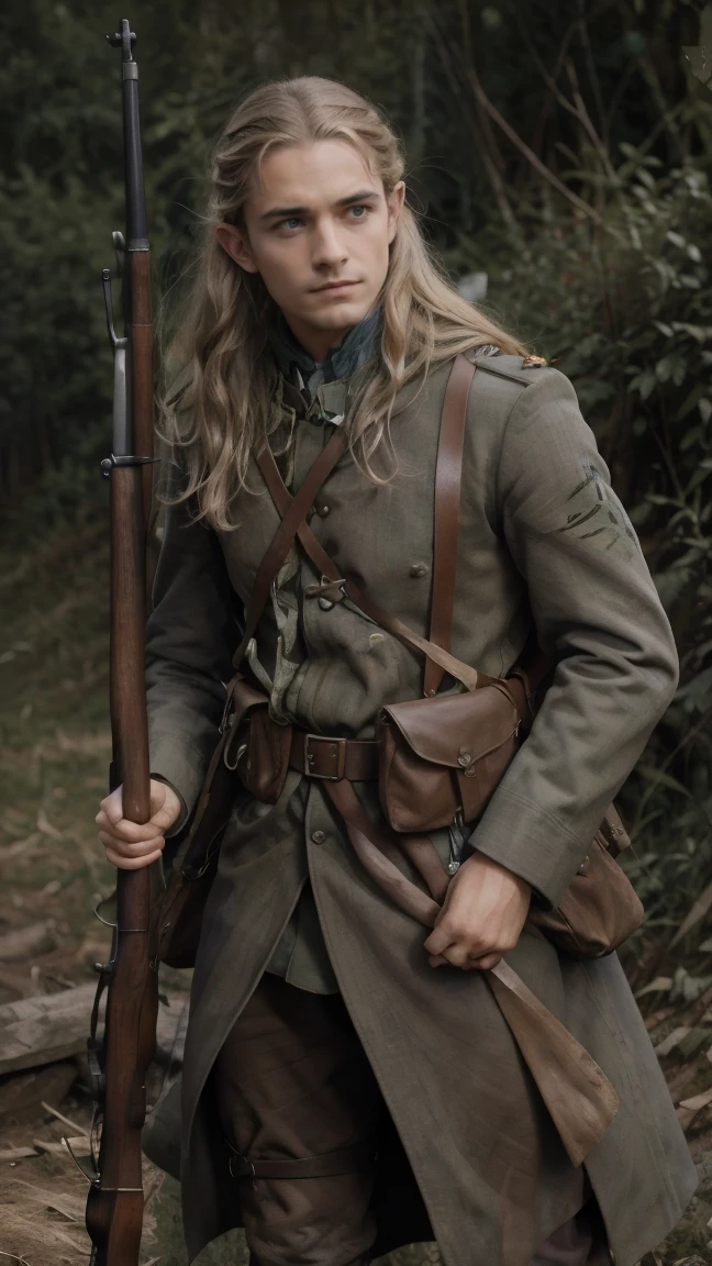 (masterpiece), best quality, expressive eyes, perfect face, All quiet on western Front, man, trenches, dirty, Legolas, elven , uniform, realistic, HD, Rifle, Orlando Bloom, big bag, French army, regiment, France, aiming position, pov, Far view, shot, shooting, fighting, Unova, elf, fusil