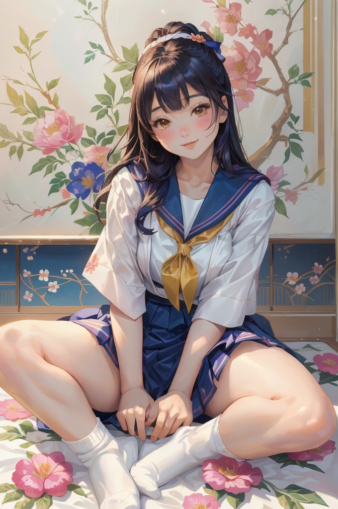 Detailed Background,Art Deco,Beautiful landscape painting,Botanical Art,Flower Art,(Floral:1.2), (masterpiece, Highest quality),Vibrant colors,colorful, Highest quality, Amazing details, Anatomically correct, Line art, Written boundary depth,Flat Shading,Bokeh, 床に座っているSailor suitを着たアラフェッドのアジア人女性, ((White socks)), Japan Girls' Uniform, Japanese , Japaneseの習得 , seifuku, Cute school girl, Strike a Pose, Young and cute gravure idol, Young Gravure Idol, Sailor suit, Young Japanese Girl, narumi kakinouchi, realistic Young Gravure Idol