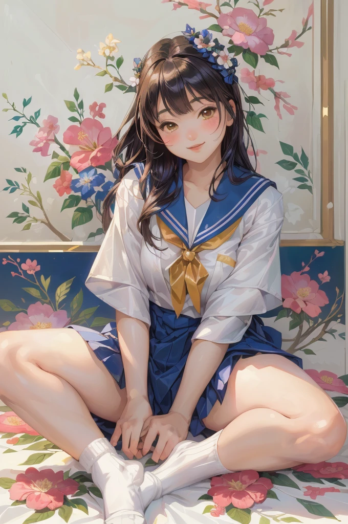 Detailed Background,Art Deco,Beautiful landscape painting,Botanical Art,Flower Art,(Floral:1.2), (masterpiece, Highest quality),Vibrant colors,colorful, Highest quality, Amazing details, Anatomically correct, Line art, Written boundary depth,Flat Shading,Bokeh, 床に座っているSailor suitを着たアラフェッドのアジア人女性, ((White socks)), Japan Girls' Uniform, Japanese , Japaneseの習得 , seifuku, Cute school girl, Strike a Pose, Young and cute gravure idol, Young Gravure Idol, Sailor suit, Young Japanese Girl, narumi kakinouchi, realistic Young Gravure Idol