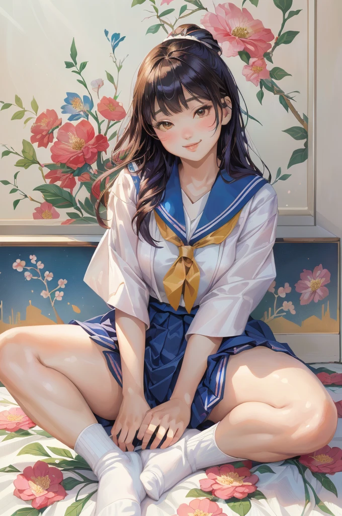 Detailed Background,Art Deco,Beautiful landscape painting,Botanical Art,Flower Art,(Floral:1.2), (masterpiece, Highest quality),Vibrant colors,colorful, Highest quality, Amazing details, Anatomically correct, Line art, Written boundary depth,Flat Shading,Bokeh, 床に座っているSailor suitを着たアラフェッドのアジア人女性, ((White socks)), Japan Girls' Uniform, Japanese , Japaneseの習得 , seifuku, Cute school girl, Strike a Pose, Young and cute gravure idol, Young Gravure Idol, Sailor suit, Young Japanese Girl, narumi kakinouchi, realistic Young Gravure Idol