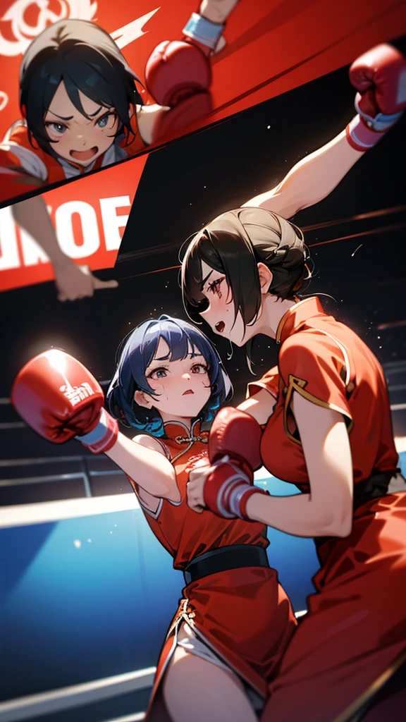 Two women wearing Chinese dresses are boxing in the ring. The woman on the right hits the woman on the left in the cheek. The woman on the left closes her right eye, opens her mouth, and sweats.