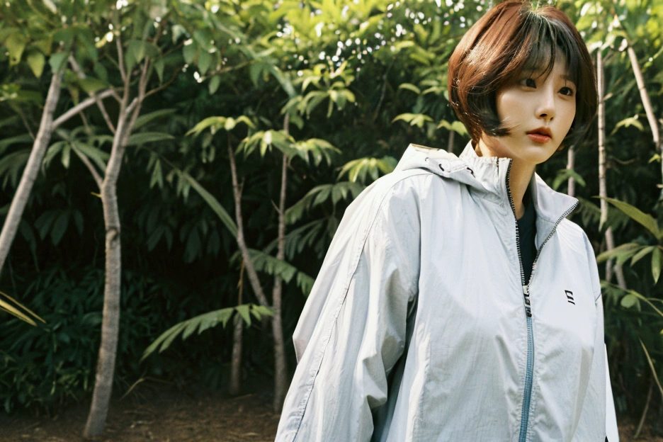 high quality, 1 woman, ((36 years old 건강한 한국 여성)), ((36 years old)), 1 woman, short, The eyes are big and beautiful. ((slim)), ((short medium hair)), pose: standing, luxury brand windbreaker jacket, white casual pants, background: 1 woman, California, pasture, Cow, grass, Upper body shot with 35-70 lens, Look up to the side, white casual pants
