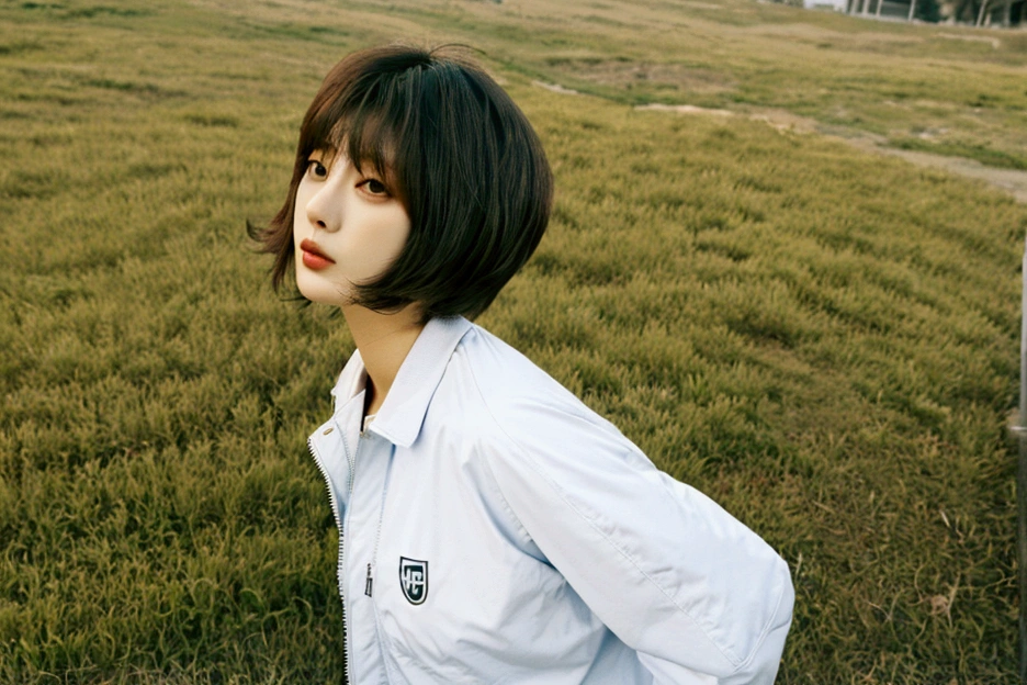 high quality, 1 woman, ((36 years old 건강한 한국 여성)), ((36 years old)), 1 woman, short, The eyes are big and beautiful. ((slim)), ((short medium hair)), pose: standing, luxury brand windbreaker jacket, white casual pants, background: 1 woman, California, pasture, Cow, grass, Upper body shot with 35-70 lens, Look up to the side, white casual pants