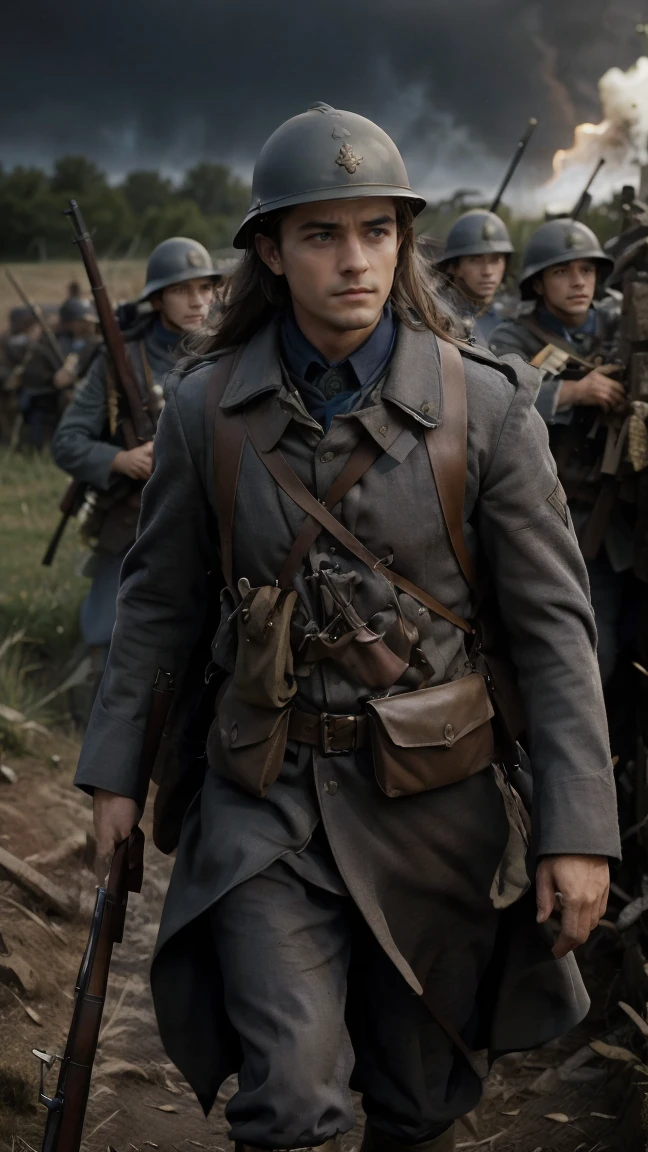 (masterpiece), best quality, expressive eyes, perfect face, All quiet on western Front, man, trenches, dirty, uniform, realistic, HD, Rifle, Orlando Bloom, big bag, French regiment, France, defending position, pov, Far view, shot, shooting, fighting, aiming gun, rains, battlefield, waiting, nighttime, ((artillery bombing) ), ((explosive)), panic, Fusiliers