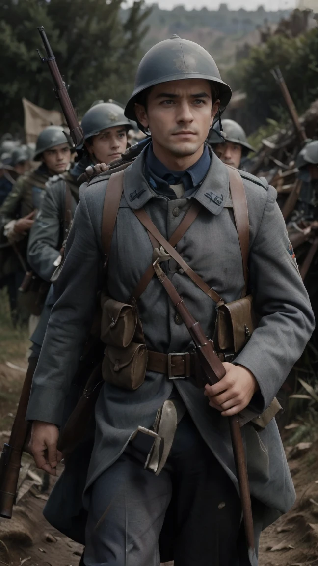 (masterpiece), best quality, expressive eyes, perfect face, All quiet on western Front, man, trenches, dirty, uniform, realistic, HD, Rifle, Orlando Bloom, big bag, French regiment, France, defending position, pov, Far view, shot, shooting, fighting, aiming gun, rains, battlefield, waiting, nighttime, ((artillery bombing) ), ((explosive)), panic, Fusiliers