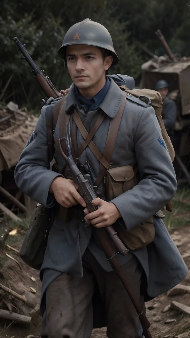 (masterpiece), best quality, expressive eyes, perfect face, All quiet on western Front, man, trenches, dirty, uniform, realistic, HD, Rifle, Orlando Bloom, big bag, French regiment, France, defending position, pov, Far view, shot, shooting, fighting, aiming gun, rains, battlefield, waiting, nighttime, ((artillery bombing) ), ((explosive)), panic, Fusiliers